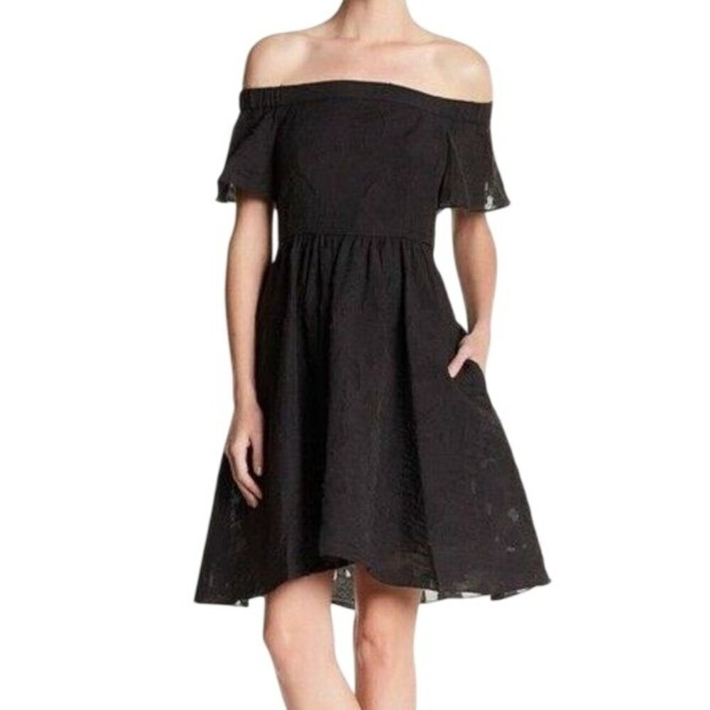 Tibi Black Off-Shoulder Ruffle Dress Size 6 Short Sleeve Textured A-Line Fit LBD